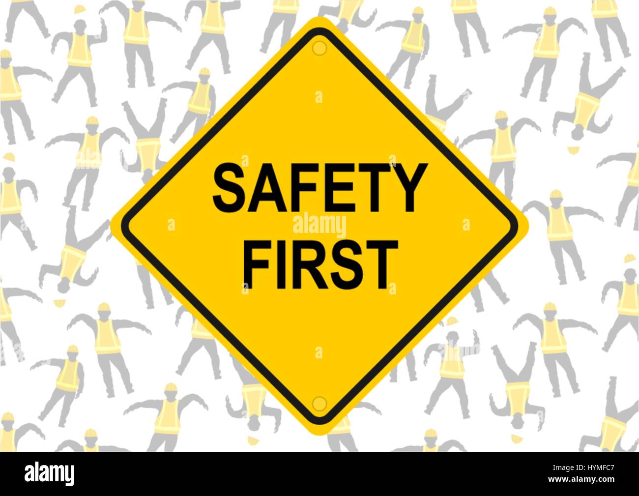 Safety first. Hintergrund der Zeichen in gelben Westen. flachbild Vektor. Stock Vektor
