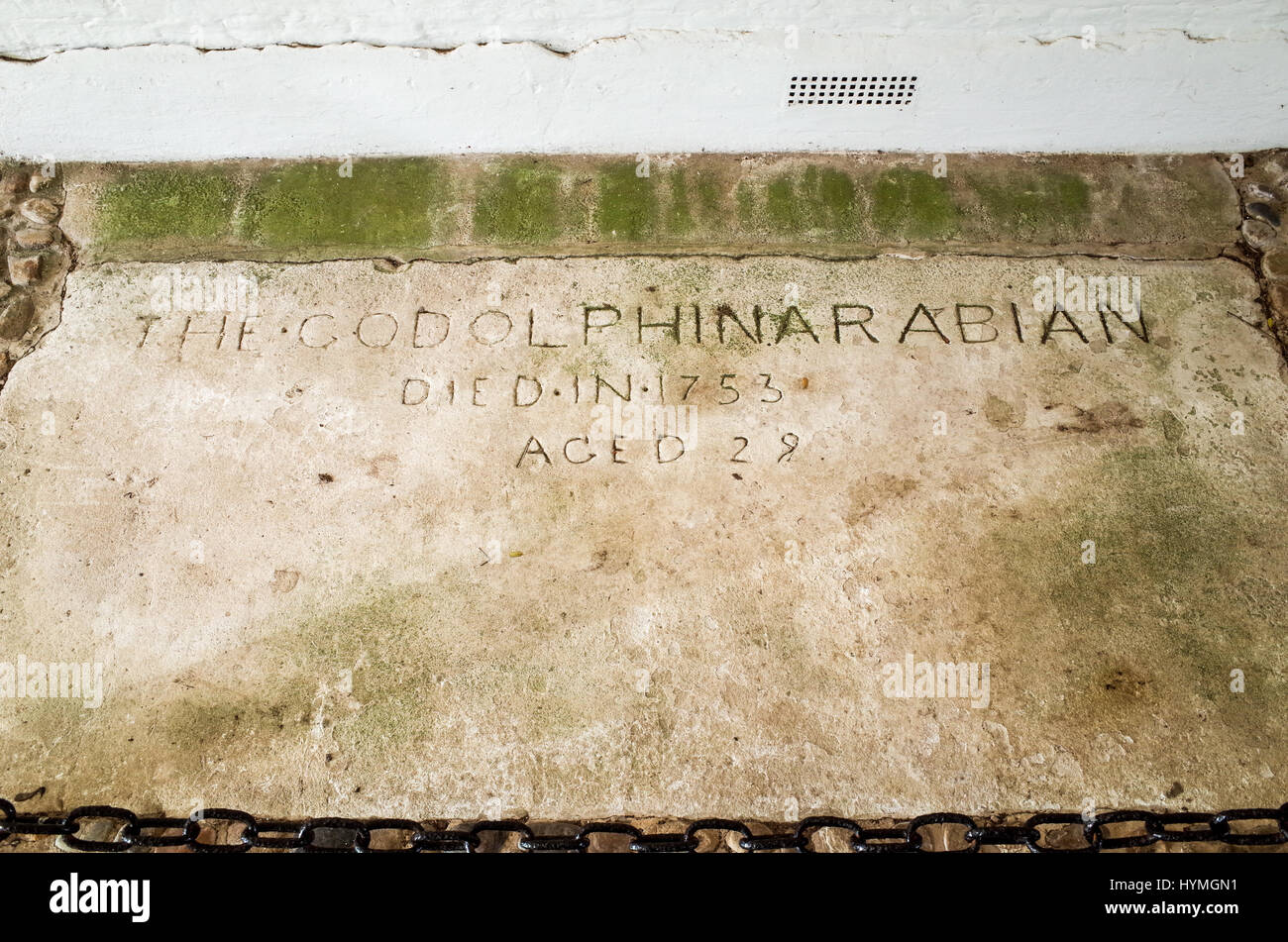 Das Grab von Godolphin Arabian, aka Godolphin Barb, einer von drei Hengste, die moderne Thoroughbred racestock, Wandlebury, Cambs etabliert. Stockfoto