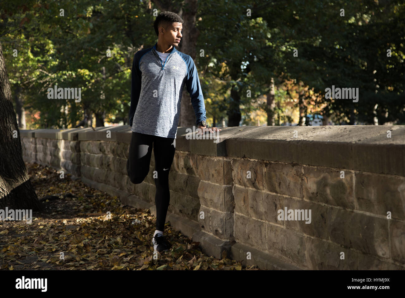 Ein Portrait eines jungen Mannes Dehnung als er bereitet zu erarbeiten. Im Herbst 2016 in Prospect Park in Brooklyn, New York City gedreht. Stockfoto