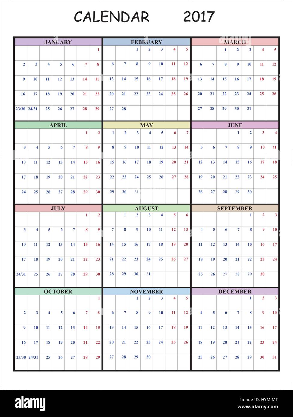 Kalender für das Jahr 2017 Stock Vektor