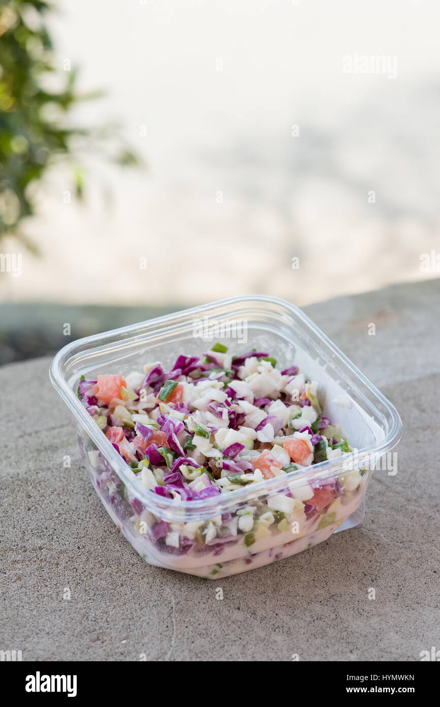 Deli Salat Bio, GVO-Sommer Krautsalat mit Kohl, Zwiebeln und Dressing. Stockfoto