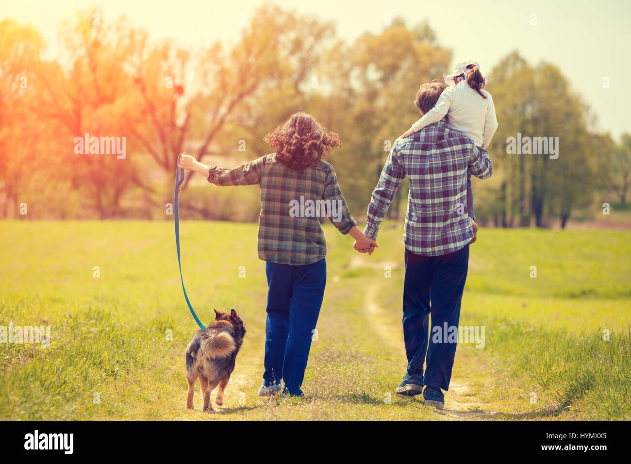 Glückliche Familie mit Hund zu Fuß auf der Landstraße Schmutz auf dem Feld. Kleines Mädchen auf Papas Schulter sitzt. Frau und Mann Hand in Hand. Frau hält Ihr Stockfoto