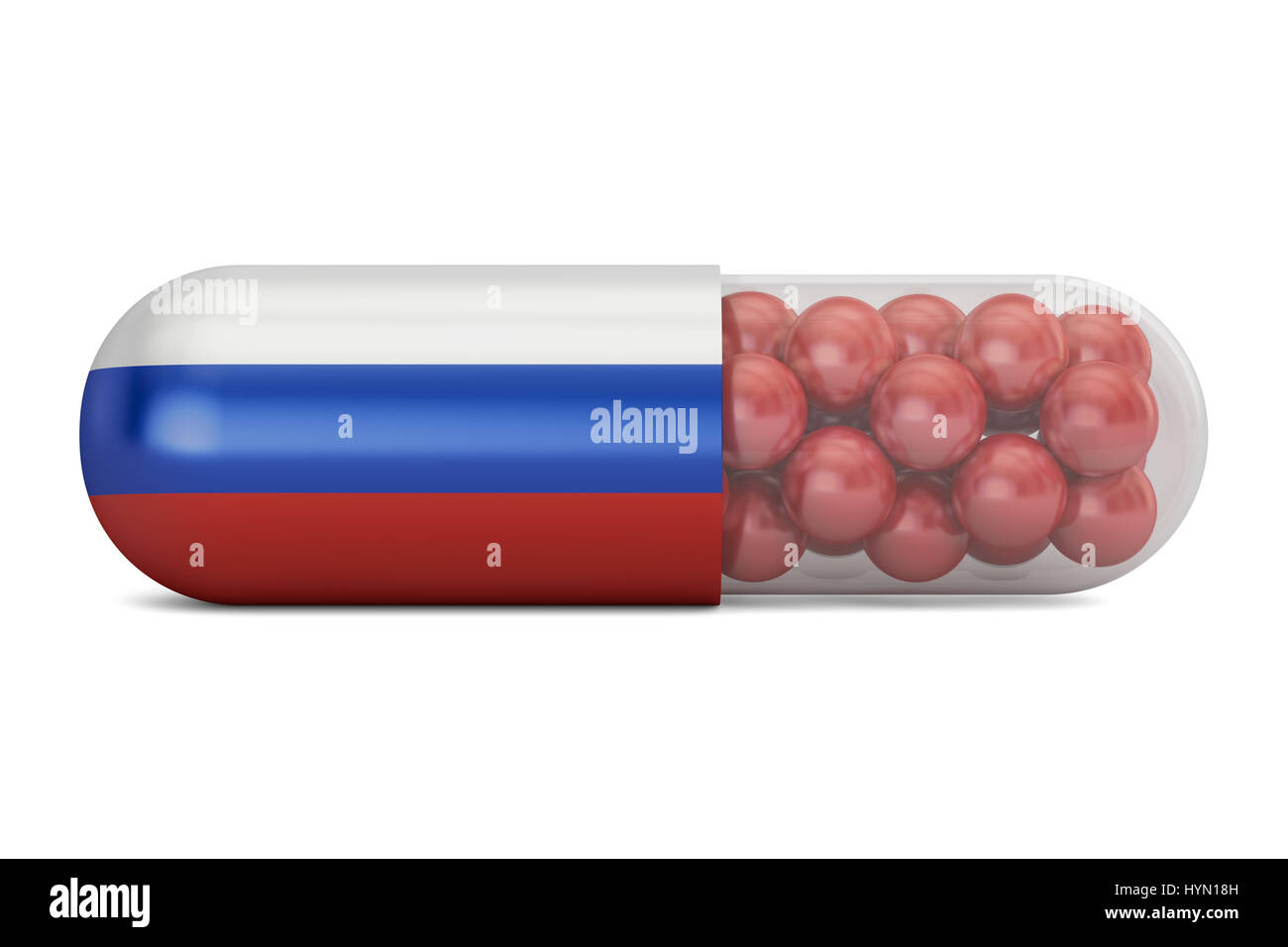 Pille-Kapsel mit Russland Flagge. Russische Gesundheits-Konzept, 3D rendering Stockfoto