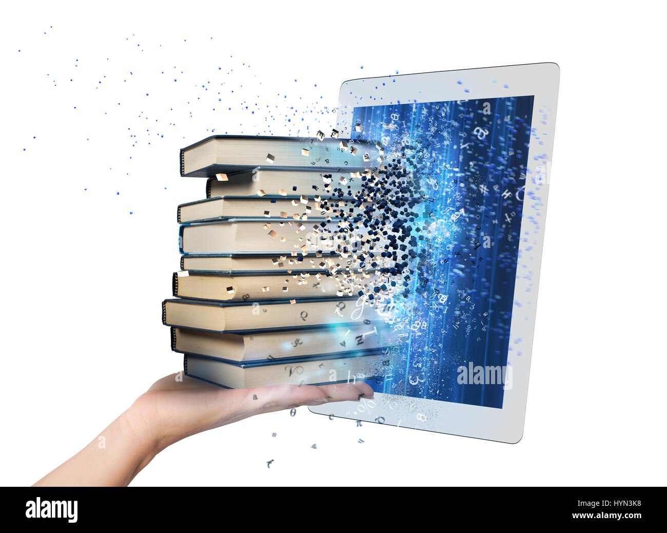 Bücher mit einem E-Book lesen Stockfoto