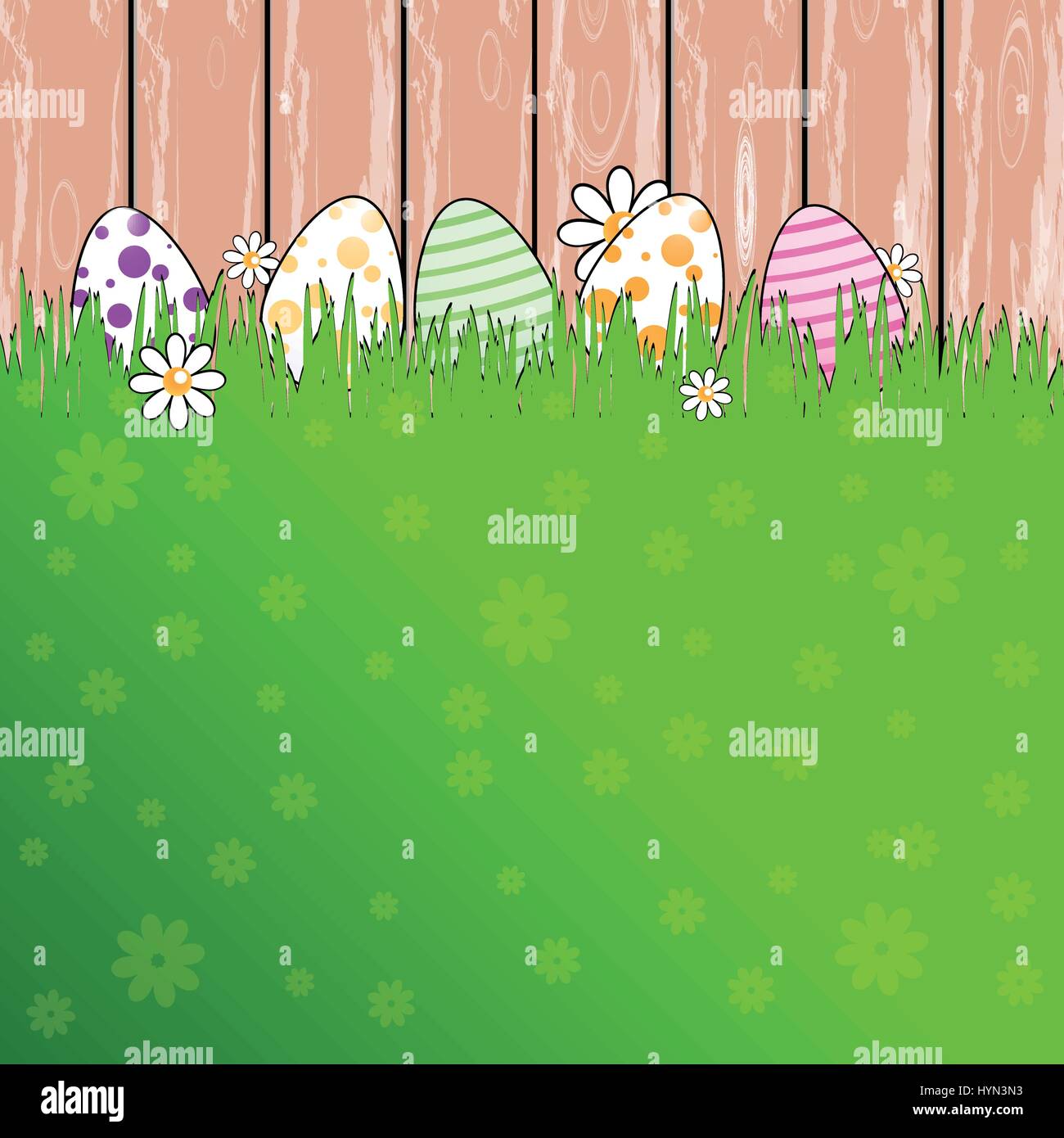 Ostern-Illustration für Ihr Design. Bunt bemalte Ostereier auf einem Hintergrund von einem Retro-Holzzaun auf Rasen Stock Vektor