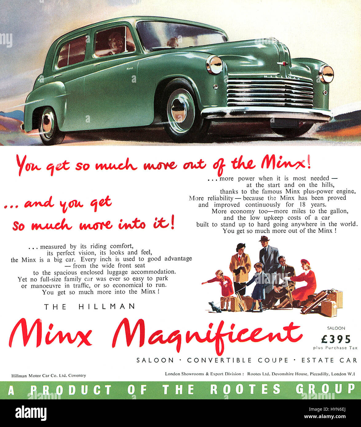 1950 britische Werbung für Hillman Minx. Stockfoto
