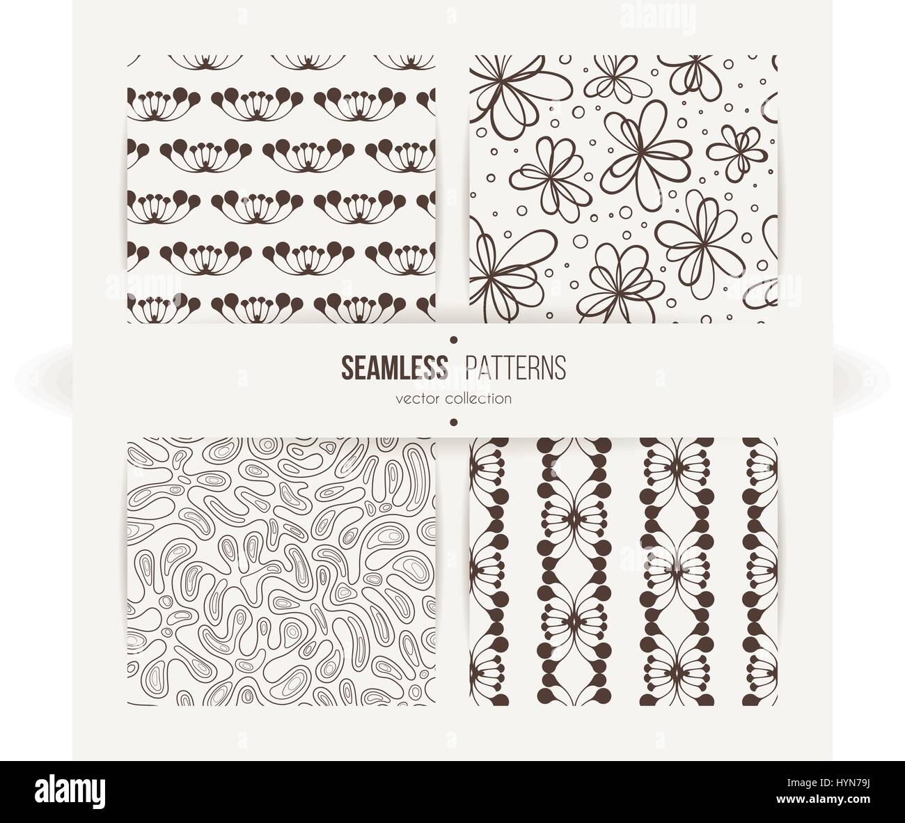 Satz von Samless Doodle Blumen und Art-deco-Muster. Stock Vektor