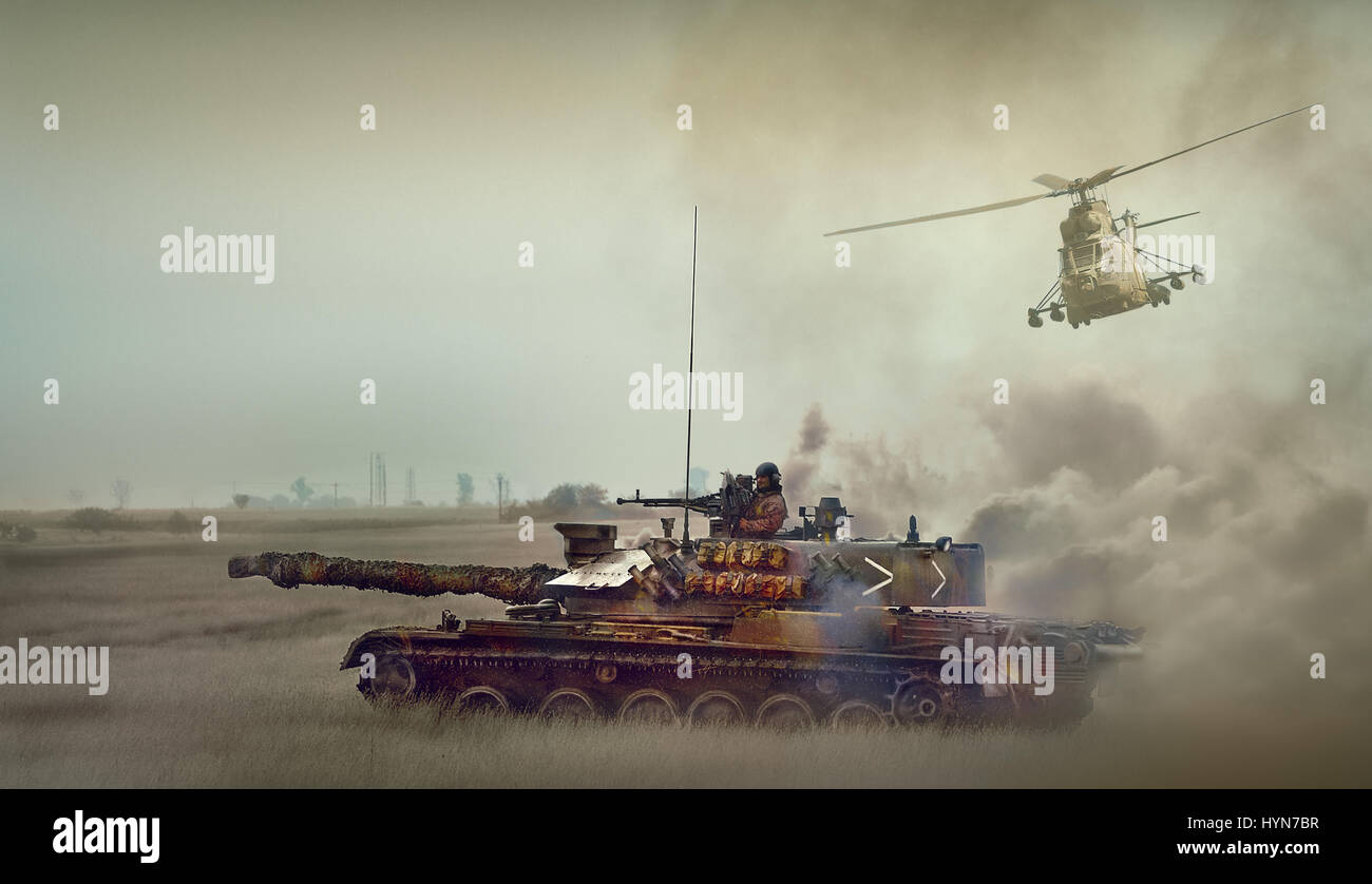 Rumänische Tank TR85M1 und IAR 330 Puma Hubschrauber Stockfoto