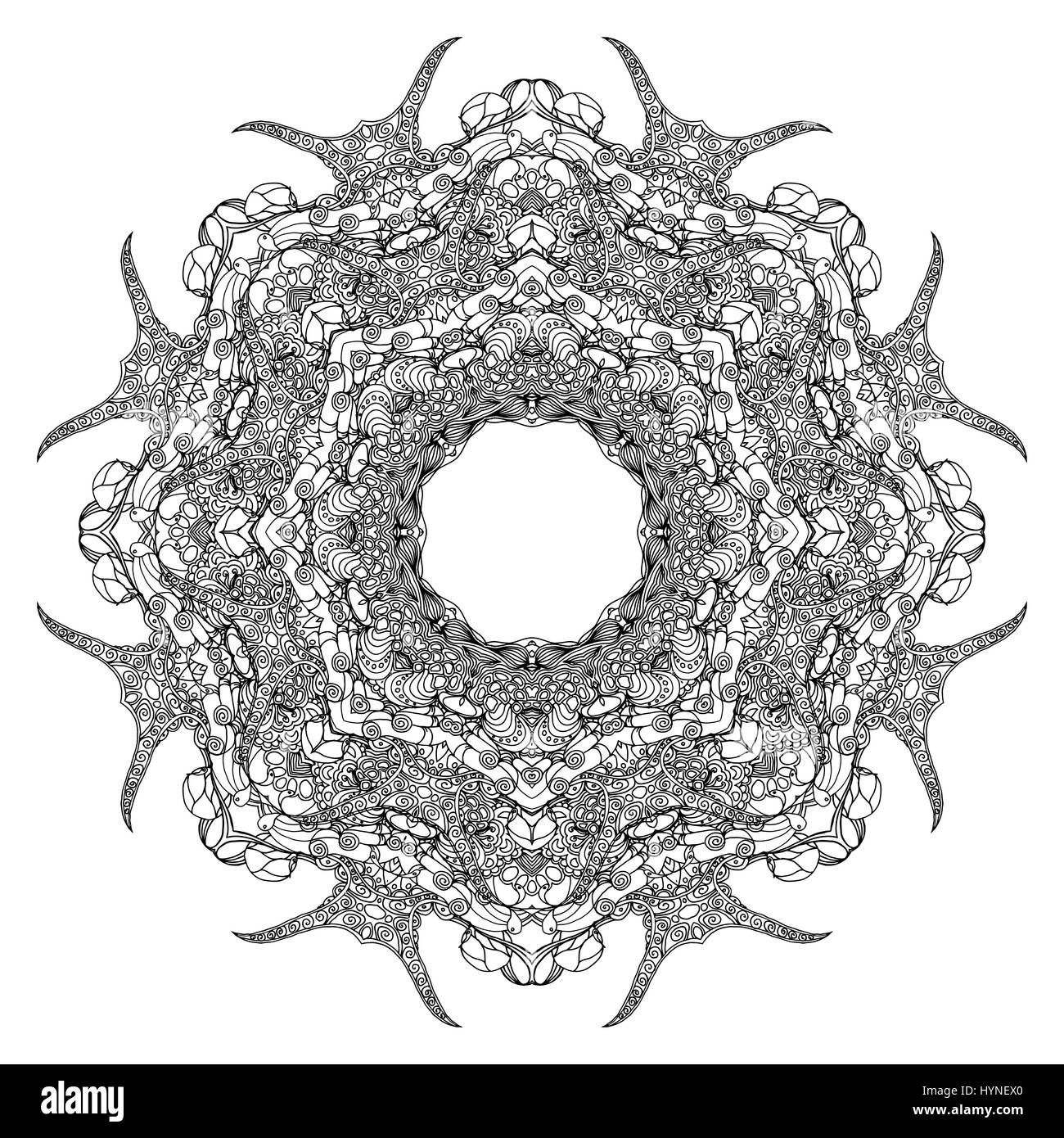 Mandala. Ethnische Runde Dekorationselement. Hand gezeichnet lacy Muster. Islam, Arabisch, Indisch, Osmanischen Motiven. Boho-Stil. Mono Farbe schwarze Strichzeichnungen für Erwachsenen Färbung Seite Buchgestaltung. Stock Vektor