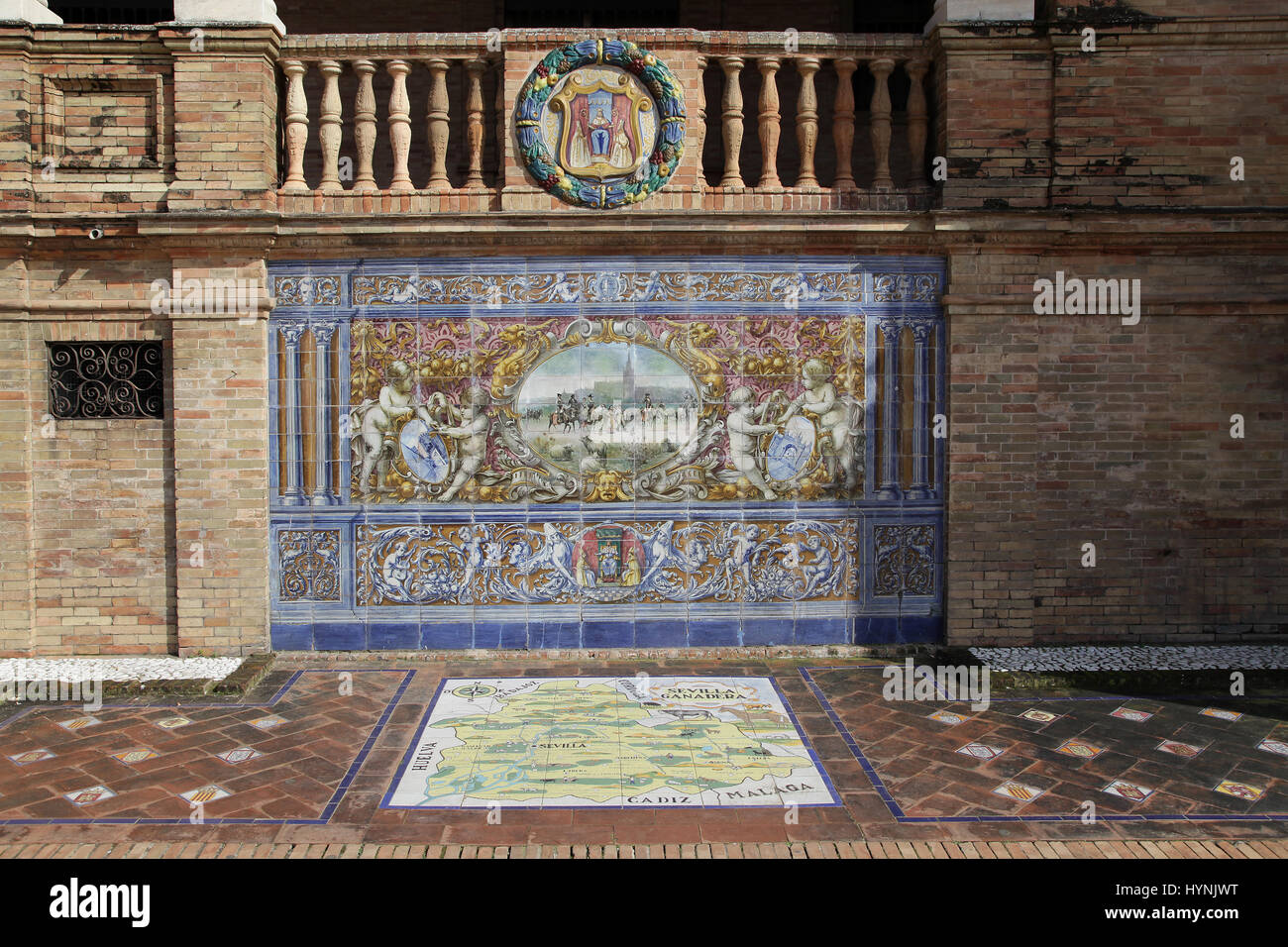 Keramische Azulejos gefliest provincial Bank oder Alkoven von Sevilla Ganadera auf der Plaza de España in Parque de Maria Luisa Sevilla Sevilla Spanien Stockfoto