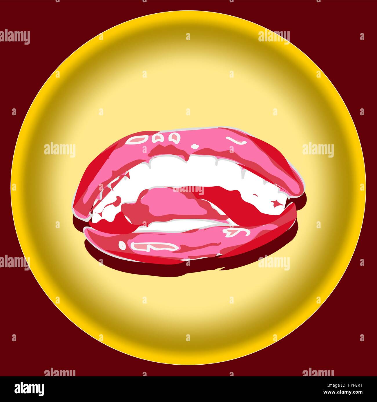 Symbol mit abstrakten roten Lippen Monroe im Gesichtsbereich auf gelbe Platte. Sexy rote Lippen beißen. Abstrakte Lippenstift in den offenen Mund. Vektor-Illustration. Stock Vektor