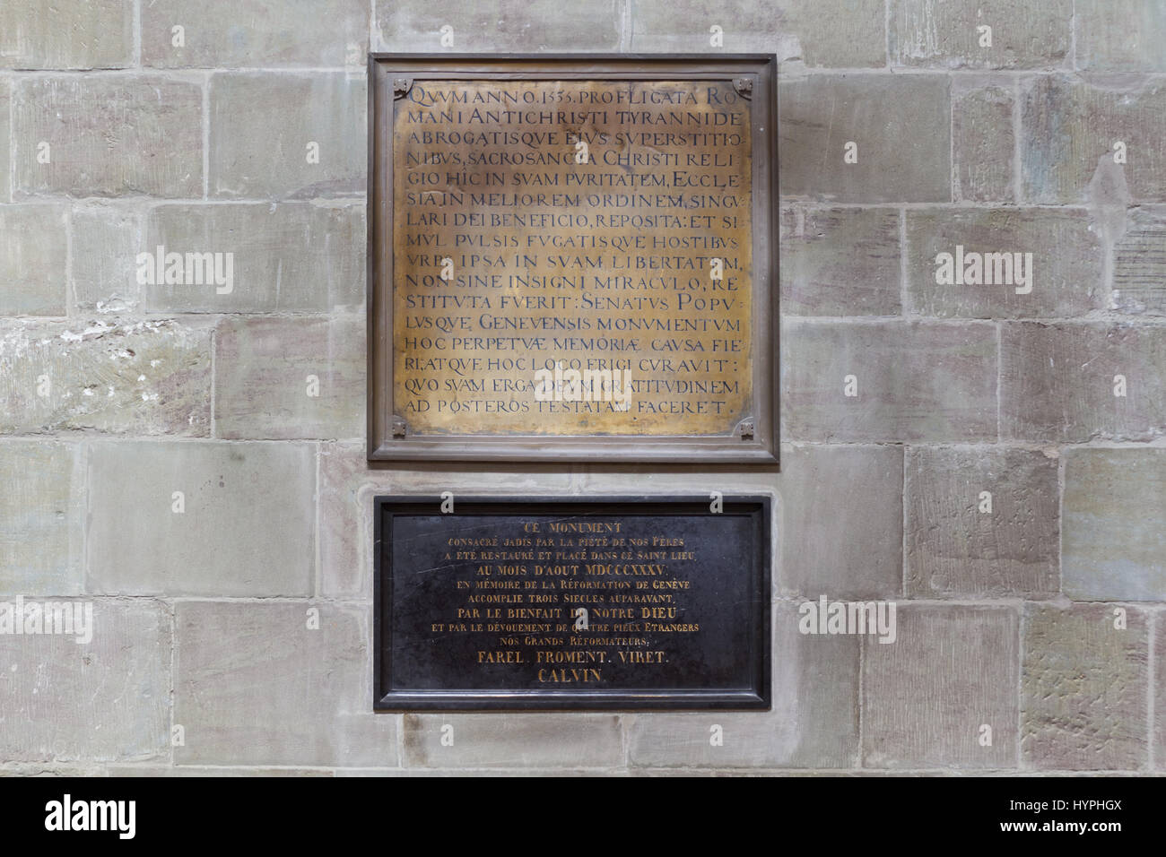 Romani Antichristi Tyrannide (die Tyrannei des Roman Antichrist) - bleibt von einem entfernten Religion Krieg in der Sankt-Petri Dom in Genf Stockfoto