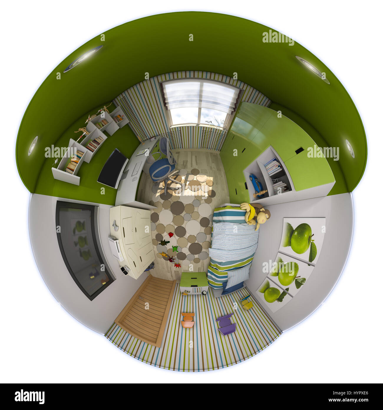 3D Darstellung sphärischer 360 Grad, nahtlosen Panorama Kinder-Zimmer Interior Design. Design ist ein Kinderzimmer in grün und blau Tönen. Tyny li Stockfoto