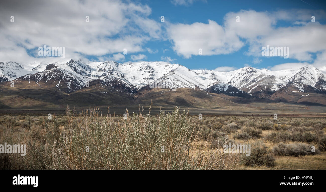 Schnee Stäube die höheren Lagen auf der Ostseite des Steens Mountain 28. März 2017 in der Nähe von Andrews, Oregon. Der Berg hieß 'Snowy Mountains' frühen Pelzhändler und umbenannt, nachdem Armee major Enoch Steen, kämpften und fuhren Mitglieder des Stammes Paiute abseits des Berges. Stockfoto