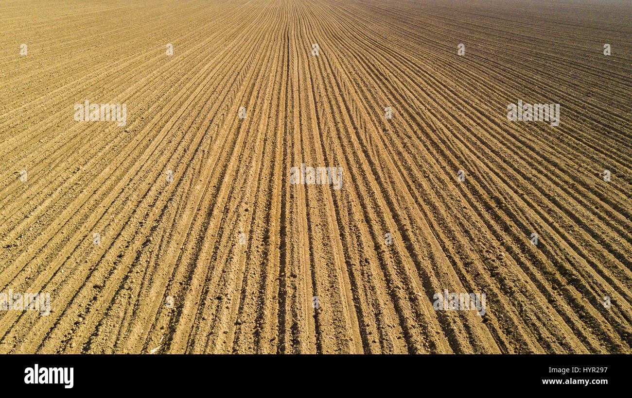 Natur und Landschaft: Luftaufnahme von einem Feld, Anbau, gepflügtes Feld, Landschaft, Landwirtschaft, Stockfoto