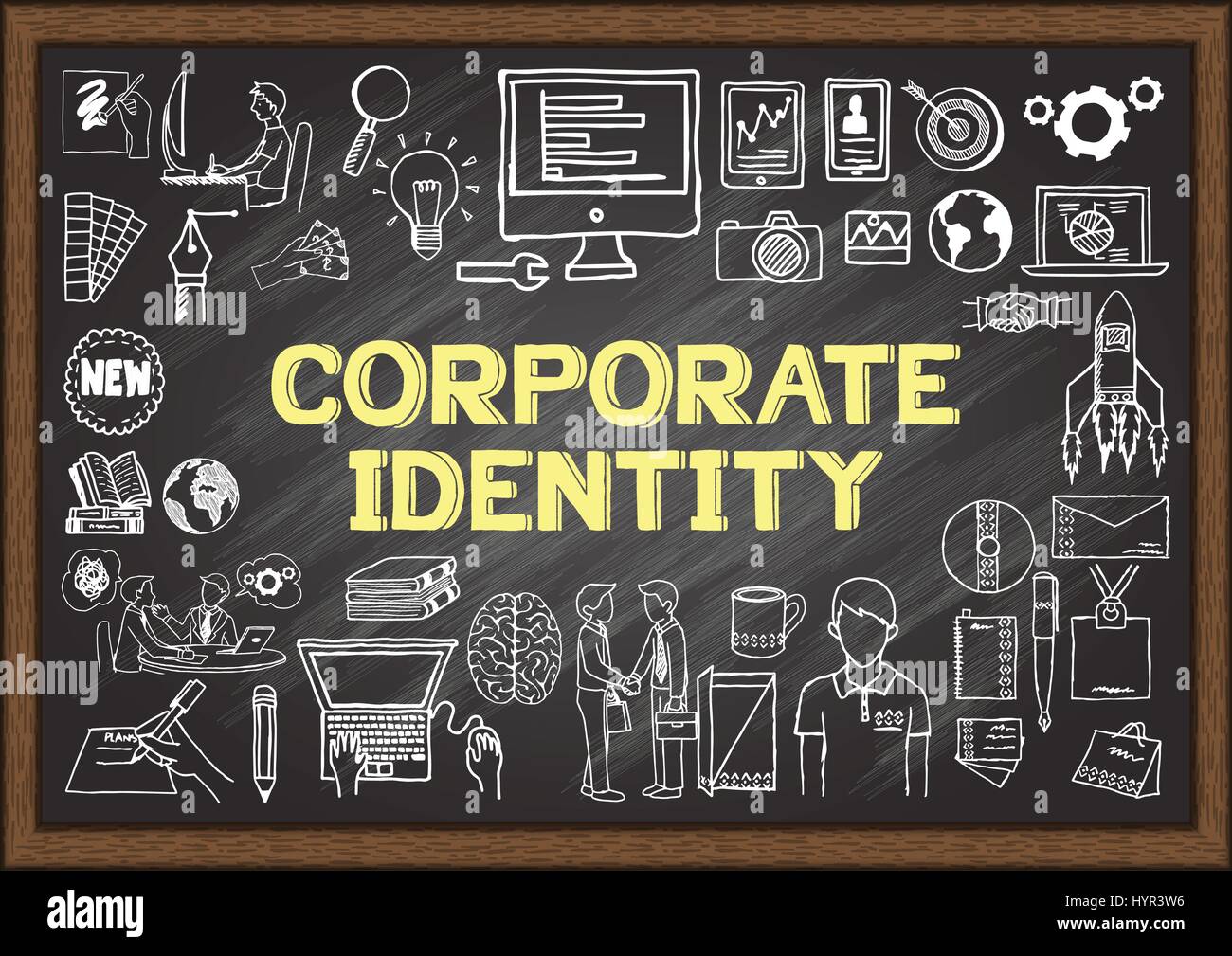 Handgezeichnete Symbole zur Corporate Identity auf dem Schwarzen Brett. Vektorillusionäre Stock Vektor