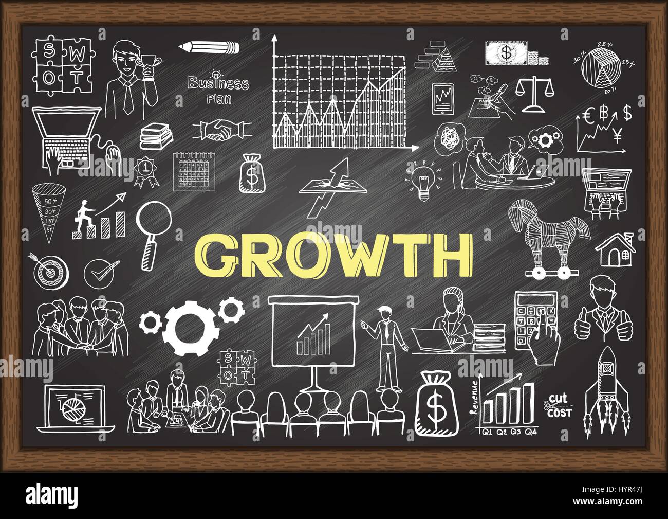 Handgezeichnete Symbole über das Wachstum auf dem Schwarzen Brett. Vektorgrafiken Stock Vektor