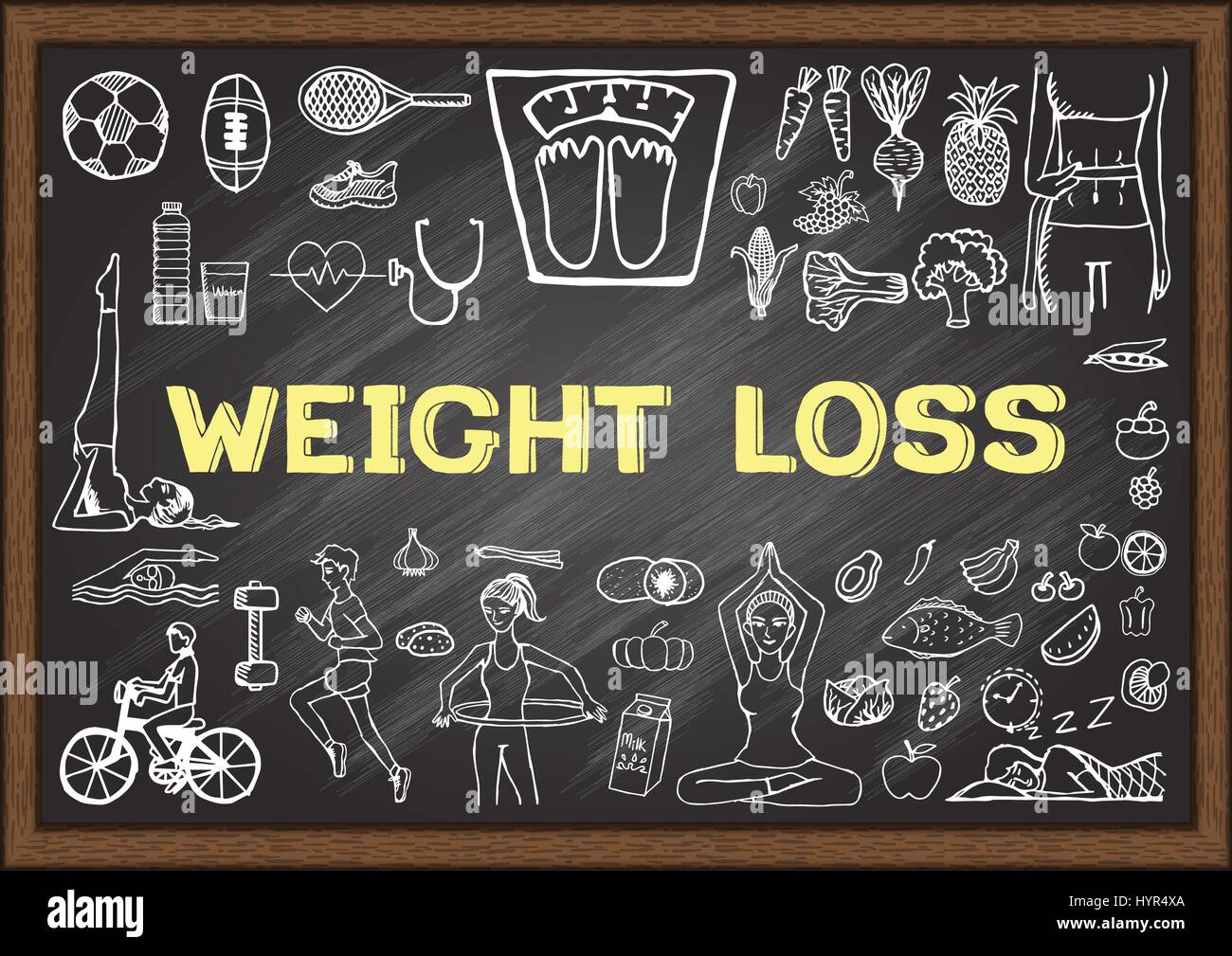 Handgezeichnete Symbole über Gewichtsverlust auf dem Schwarzen Brett. Vektorgrafiken. Stock Vektor