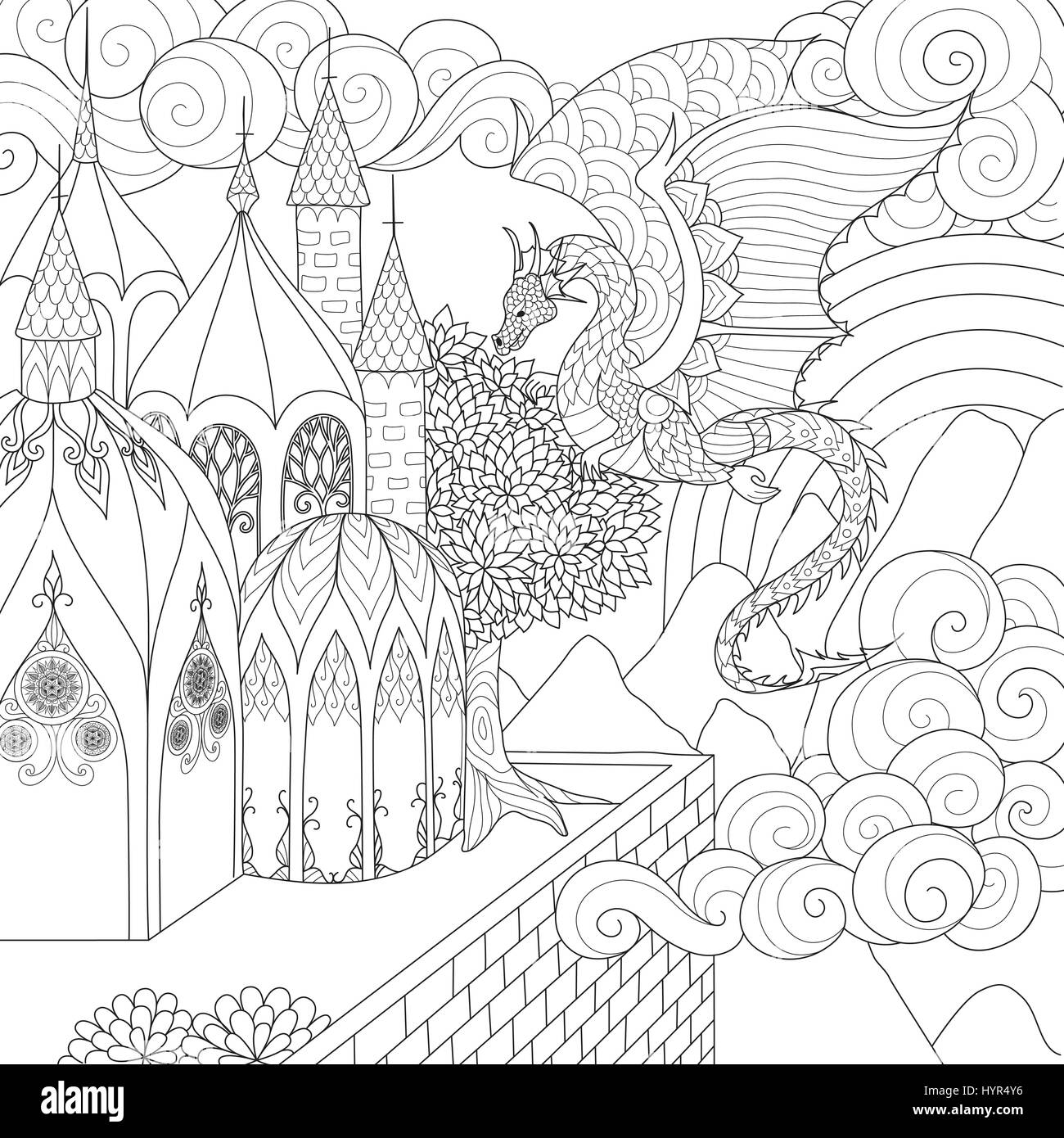Drachen fliegen über wunderschöne Kathedrale für Erwachsenen Buch Malvorlagen. Vektor-illustration Stock Vektor