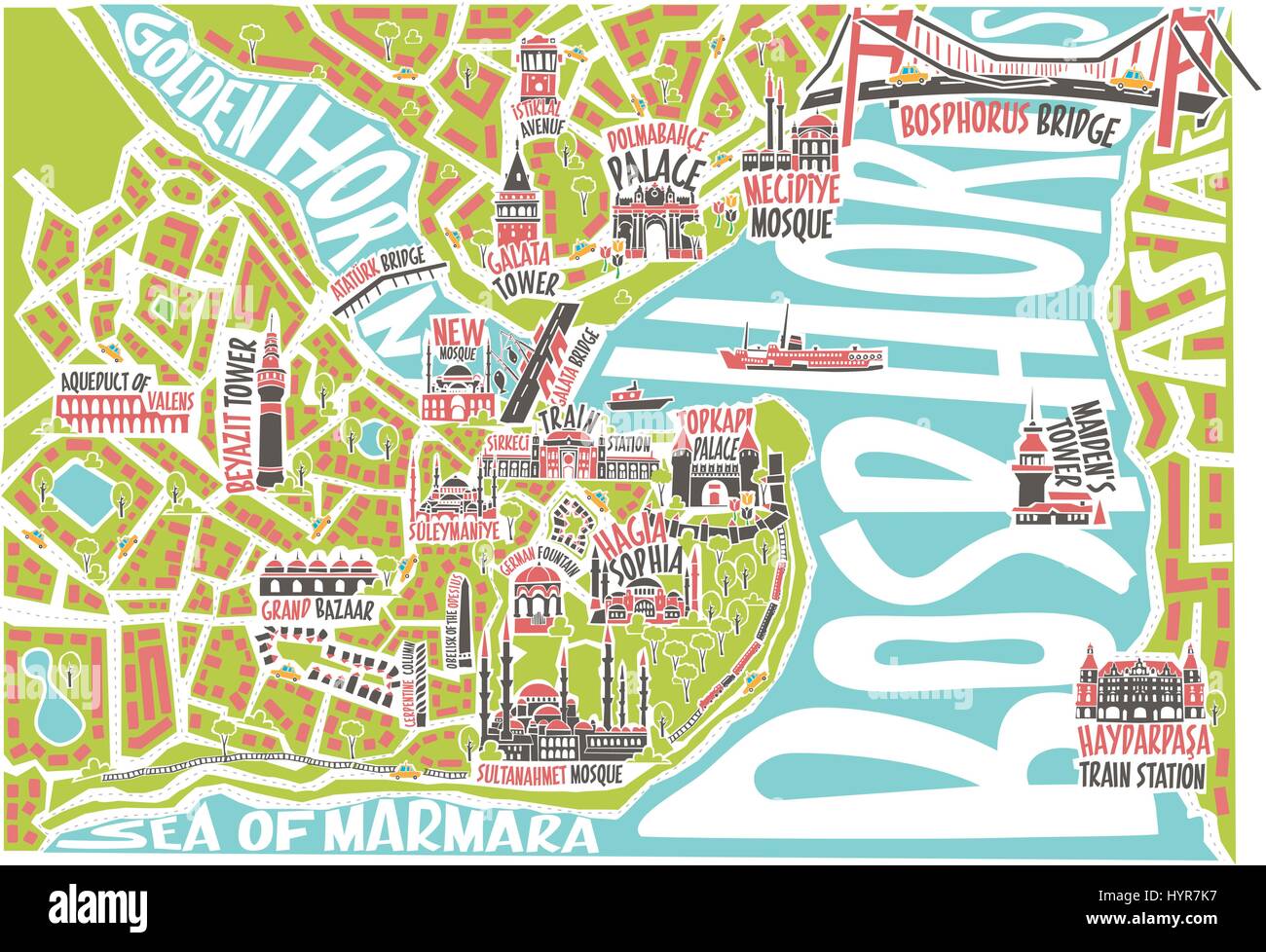 Vektor-Illustration farbig Istanbul Karte mit Sehenswürdigkeiten Stock