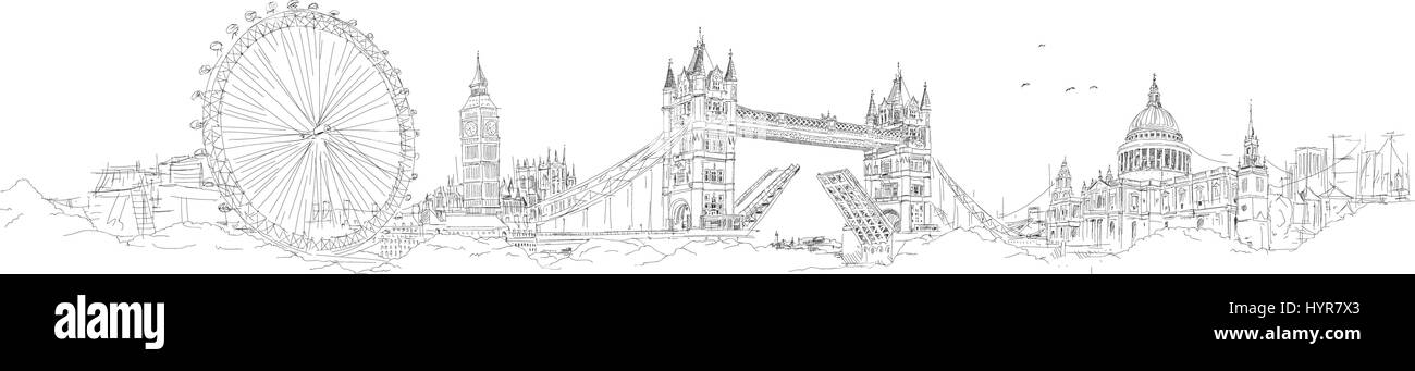 Vector Skizze Hand Zeichnung Panorama London silhouette Stock Vektor