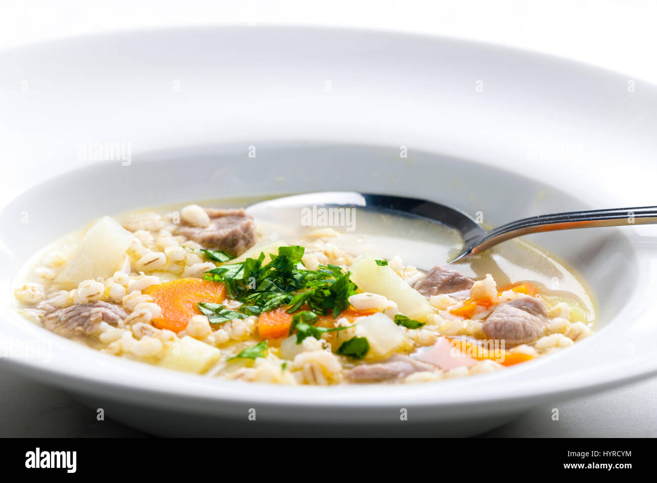 Schottische Suppe Hammel Fleisch mit Kohlrabi und Gerste Stockfoto