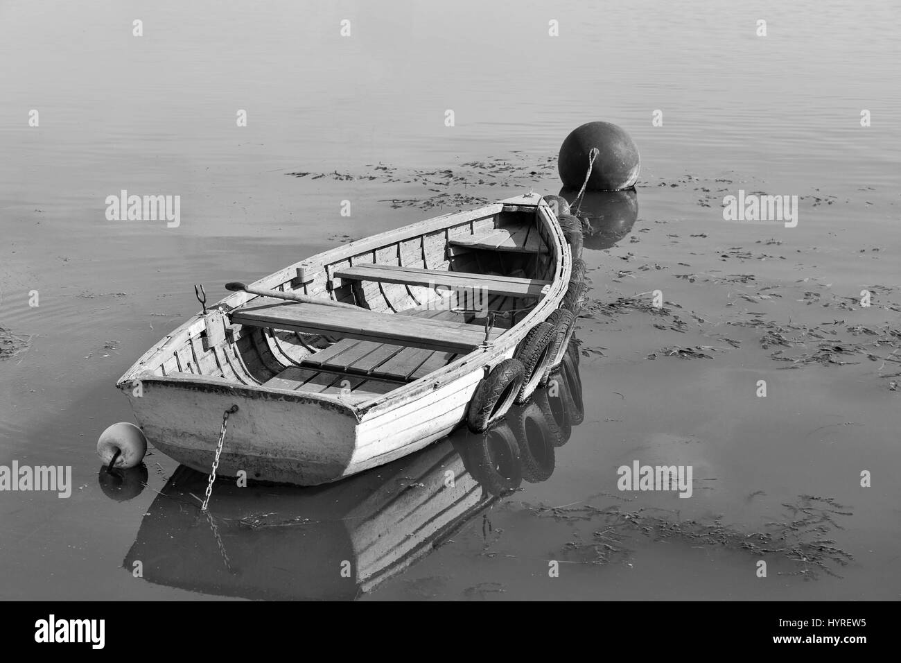 Altes Ruderboot mit Paddel vertäut am Plattensee, Ungarn. Schwarz und weiß. Stockfoto