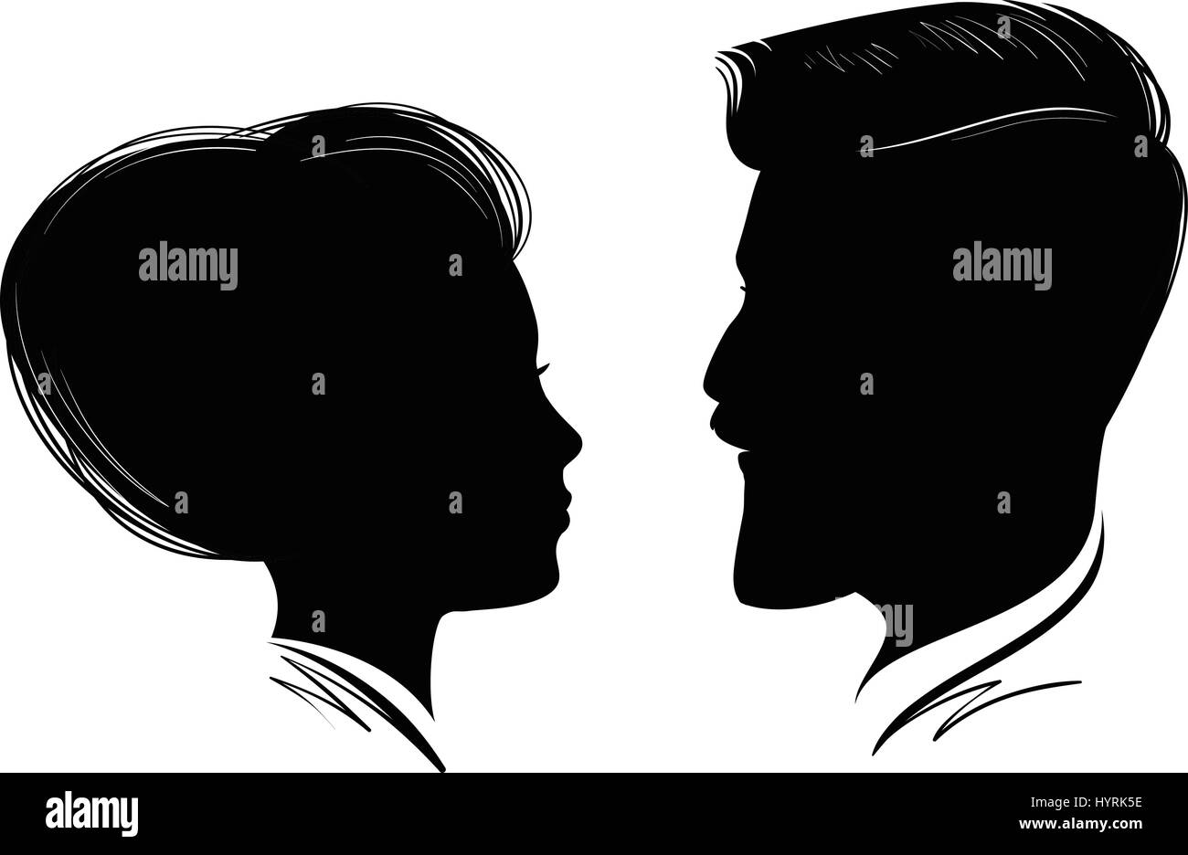 Porträt von Mann und Frau. Kopf-Profil, schwarze Silhouette. Hochzeit, Liebe, Menschen-Symbol. Vektor-illustration Stock Vektor