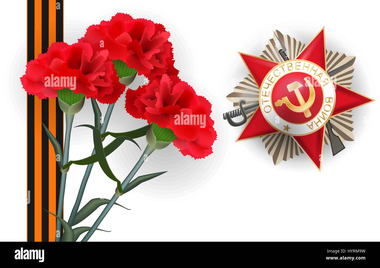 Nelke rote Blüte Victory Day Medaille am 9 Mai Stock Vektor