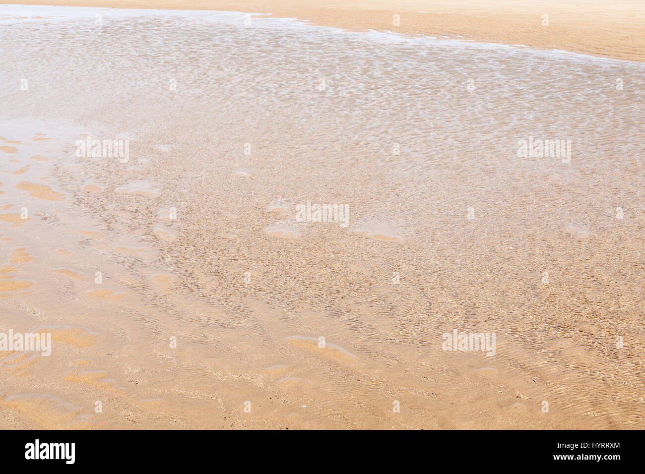 Water's Edge. Flache Meerwasser in der Brise wehen auf der Küstenlinie von einem Sandstrand. Blick vom Meer auf den Sand, England, Großbritannien Stockfoto