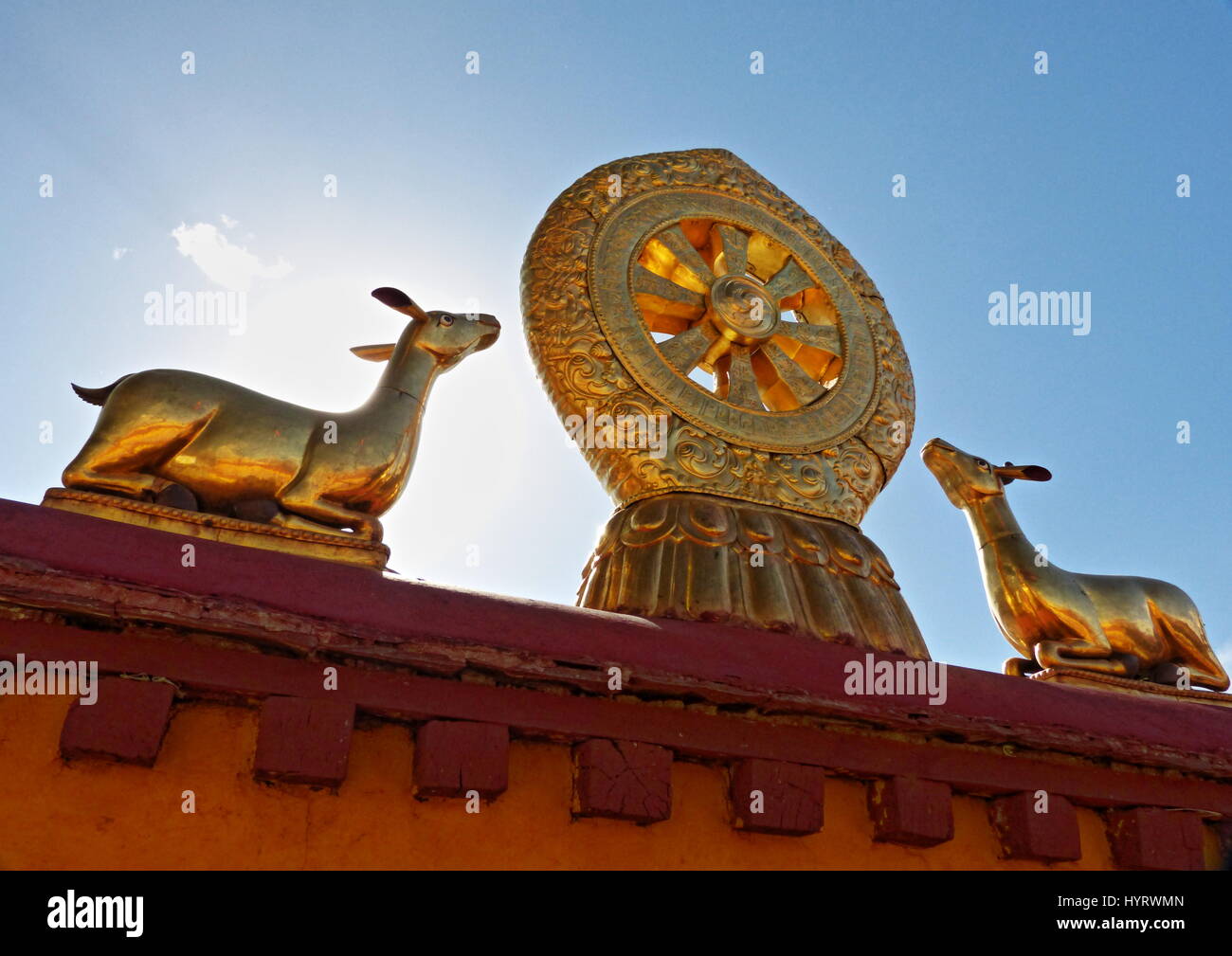 Dharmachakra oder Rad des Gesetzes entspricht die Lehren des Buddha und endlosen Zyklus auf dem vergoldeten Dach des Jokhang-Tempel, Lhasa, Tibet. Stockfoto