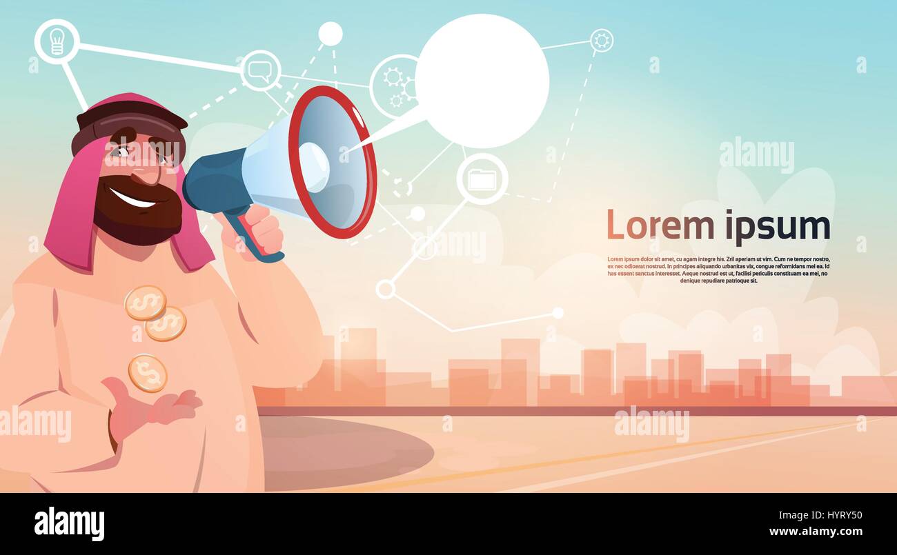 Reiche arabische Geschäftsmann mit Megaphon Lautsprecher Chatnachricht Bubble Stock Vektor