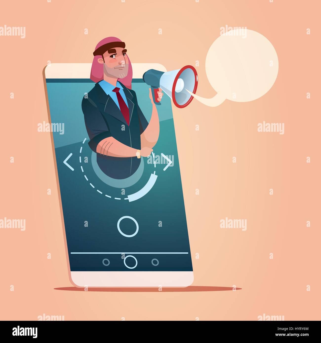Arabische Geschäftsmann mit Megaphon Lautsprecher Chat Blase Nachricht Smartphone Netzwerk Zellkommunikation Stock Vektor