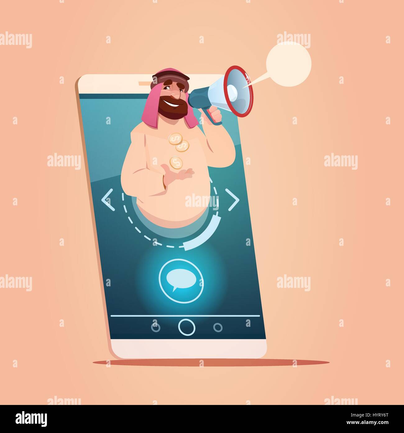 Arabische Geschäftsmann mit Megaphon Lautsprecher Chat Blase Nachricht Smartphone Netzwerk Zellkommunikation Stock Vektor