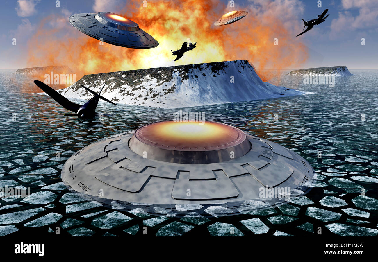 Ein Kampf zwischen amerikanischen Truppen & eine Flotte von mysteriösen UFOS, die in der Antarktis stattfand. Stockfoto