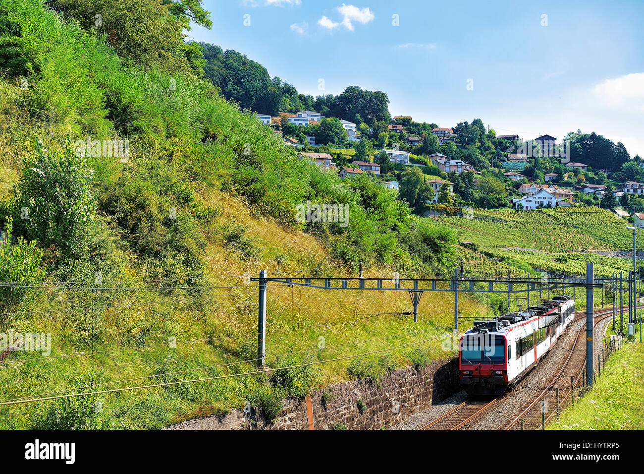 Fahrenden Zug im Lavaux Weinbergterrassen Wanderweg, Lavaux-Oron Bezirk in der Schweiz Stockfoto