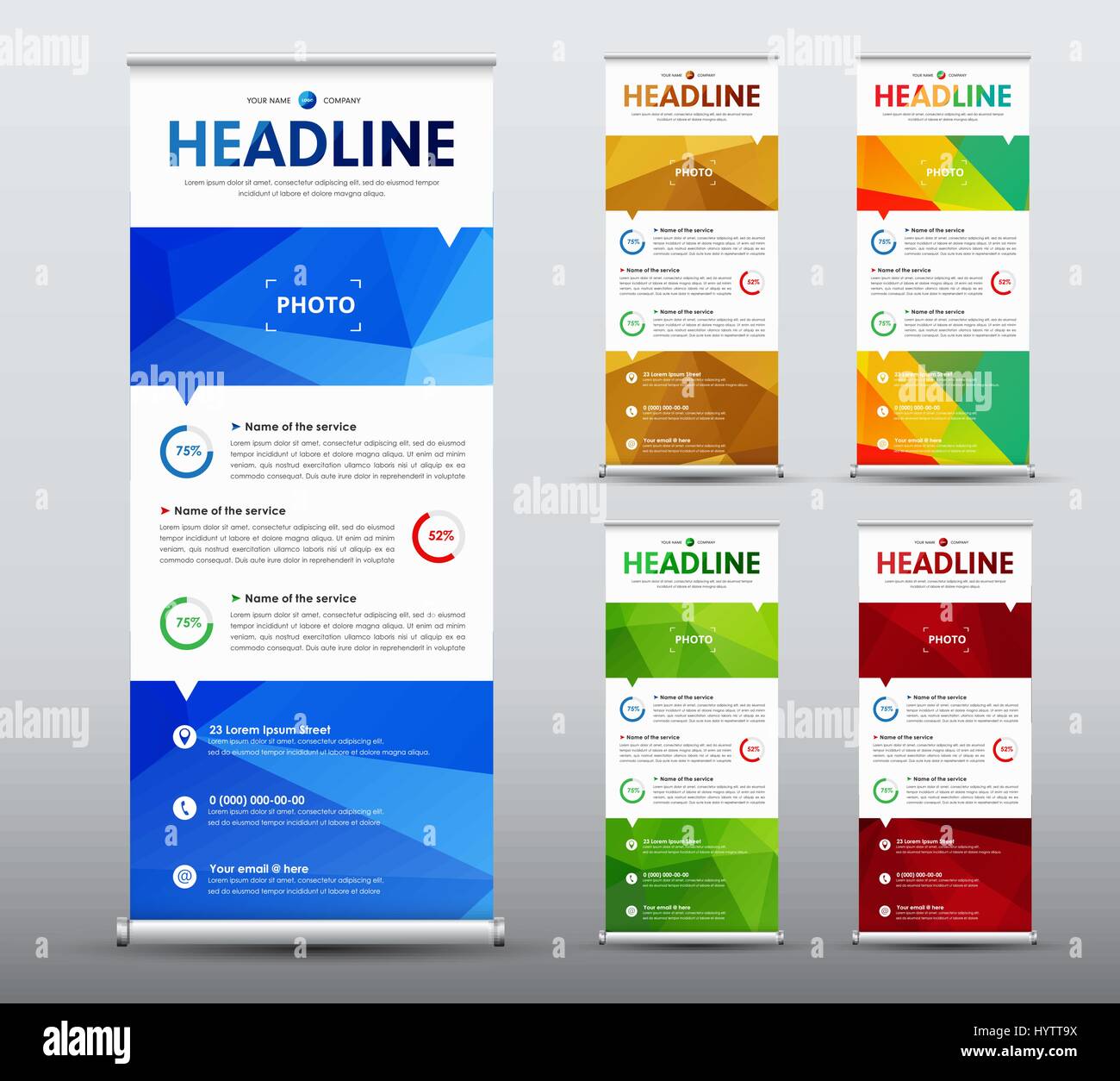 Vertikale Roll-up Banner-Design. Ein Business-Broschüre-Vorlage mit abstrakten polygonalen blauen Elementen. Eine Reihe von Flag-Flyer von gold, grün und rot Stock Vektor