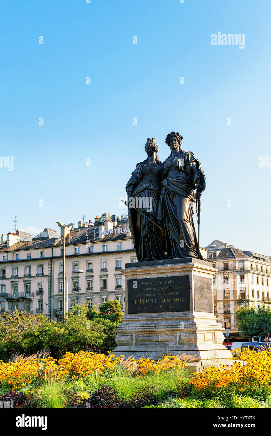 Genf, Schweiz - 30. August 2016: Statue von Genf an den Rest der Schweiz, die im englischen Garten in Genf Stadtzentrum, Switz gelegt wird Stockfoto