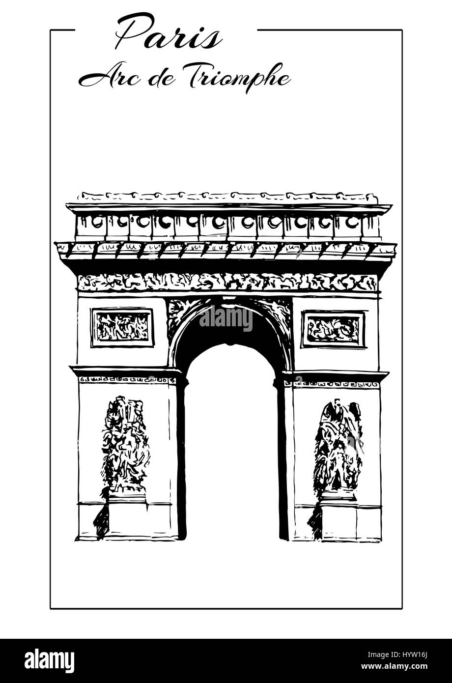 Arc de Triomphe, Paris Frankreich. Triumphbogen. Champs-Elysées, Place Charles de Gaulle. Hand-Zeichnung Skizze-Vektor-Illustration. Touristischer Ort. Kann Stock Vektor