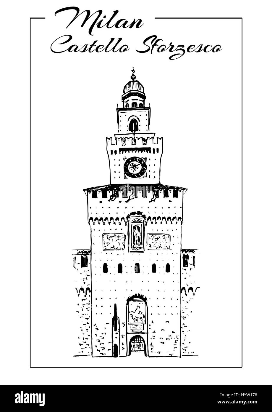 Milan-Symbole. Teatro Alla Scala, Castello Sforzesco oder Castello Sforzesco. Italien-Sightseeing. Mittelalterliche Burg in Mailand. Handgezeichnete Skizze Abbildung. Ca Stock Vektor