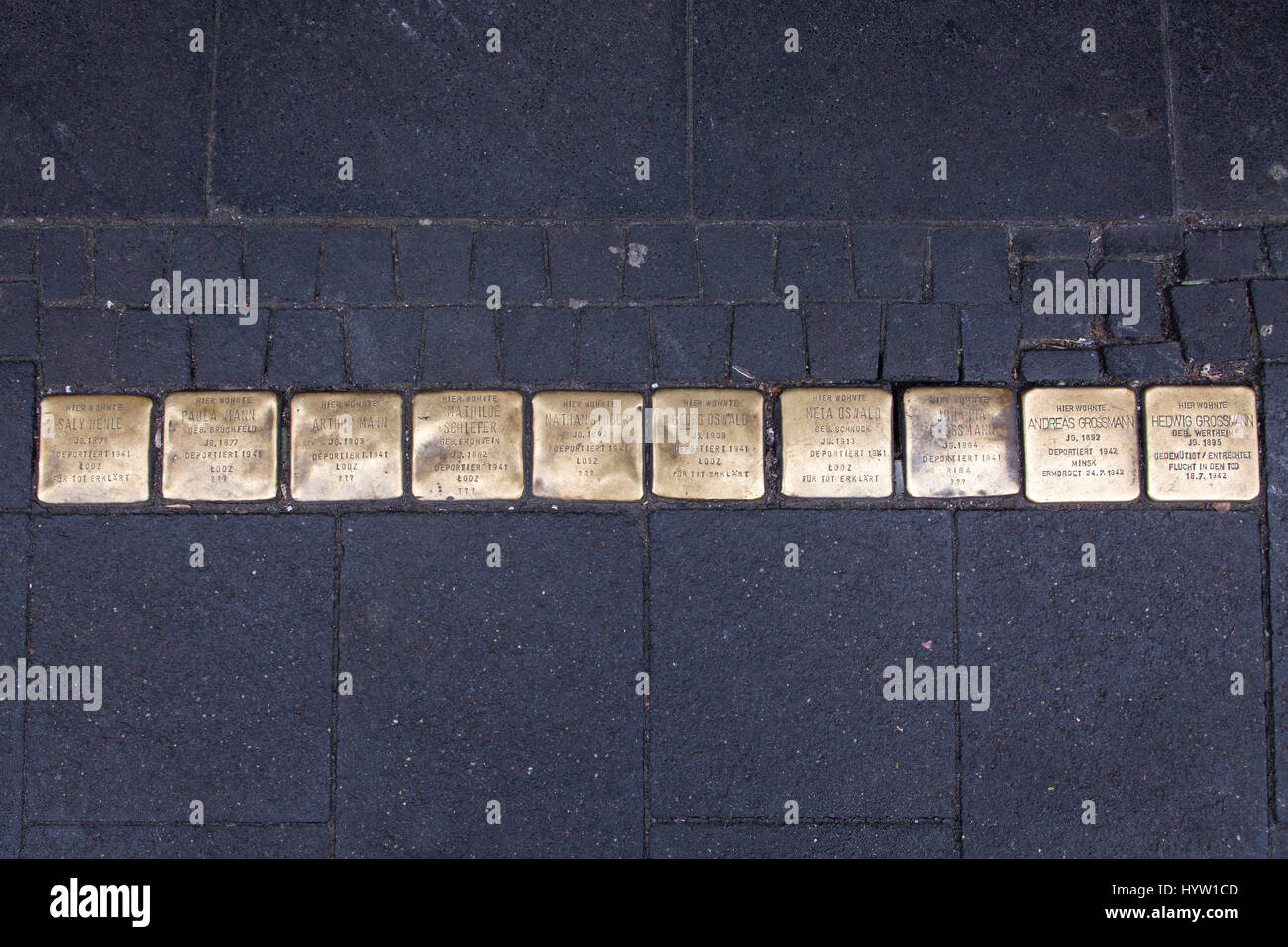 Deutschland, Köln, Stolpersteine (Stolpersteine) durch den Künstler Gunter Demnig. Die Stones Gedenken der Opfer des Nationalsozialismus (NS-Zeit). Stockfoto