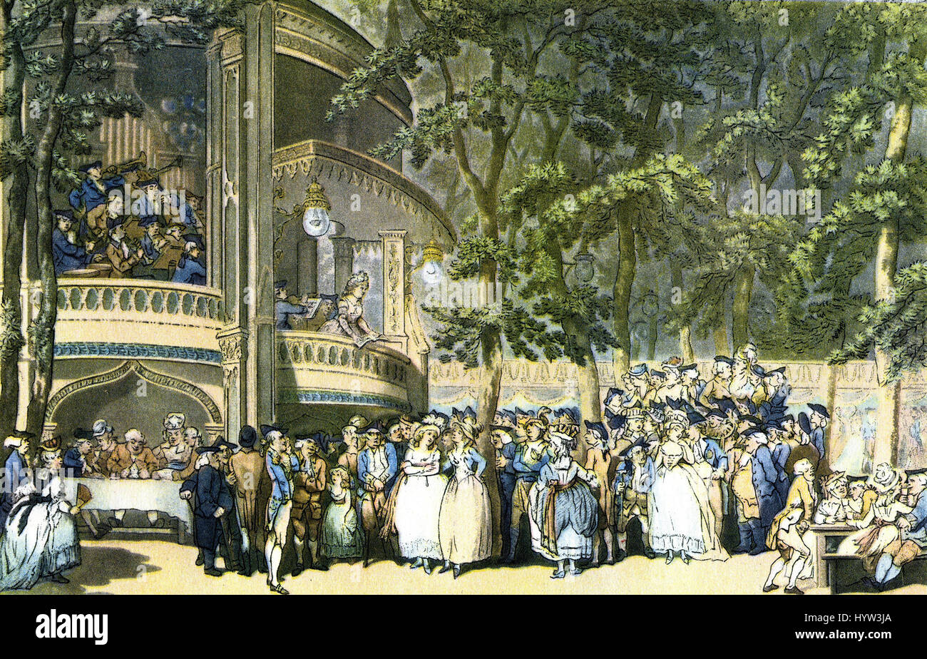 Eine Unterhaltung in Vauxhall Gardens, c.1779 von Thomas Rowlandson. Die beiden Frauen im Zentrum sind Georgiana, Herzogin von Devonshire und ihre Schwester Lady Duncannon. Der Mann am Tisch auf der linken Seite ist Samuel Johnson, James Boswell zu seiner linken und Oliver Goldsmith zu seiner rechten. Auf der rechten Seite steht der Schauspielerin und Autorin Mary Darby Robinson neben der Prince Of Wales, später George IV. Stockfoto