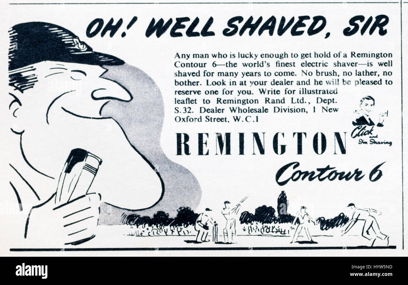 1950er Jahre Magazin Werbung Werbung Remington Kontur 6 elektrische Rasierapparate. Stockfoto