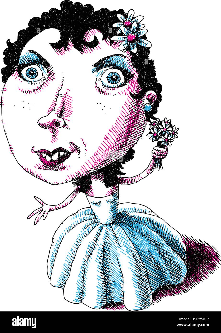 Eine Karikatur Braut in ihrem Hochzeitskleid, die Blumen halten. Stock Vektor