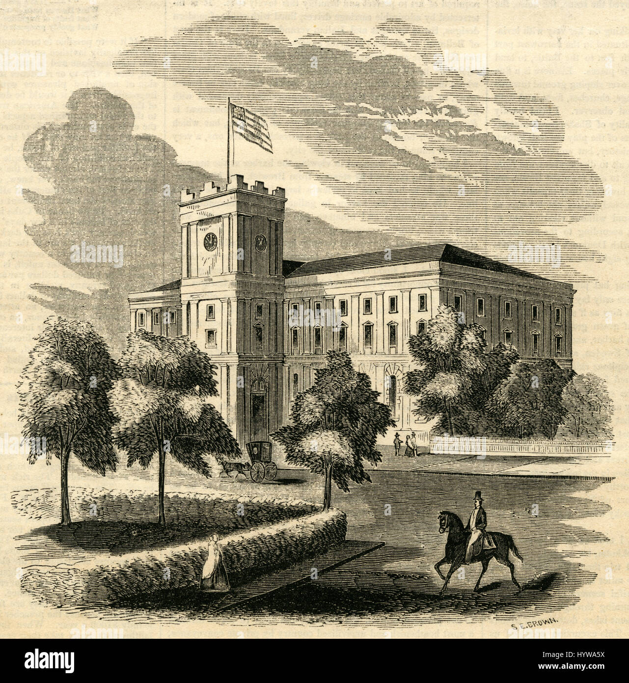 Antiken 1854 Gravur, "Neue Arsenal in Springfield, Massachusetts." Die Springfield Armory, befindet sich in der Stadt Springfield, Massachusetts, war das primäre Zentrum für die Herstellung von US militärischen Feuerwaffen von 1777 bis zu seiner Schließung im Jahr 1968. QUELLE: ORIGINAL GRAVUR. Stockfoto