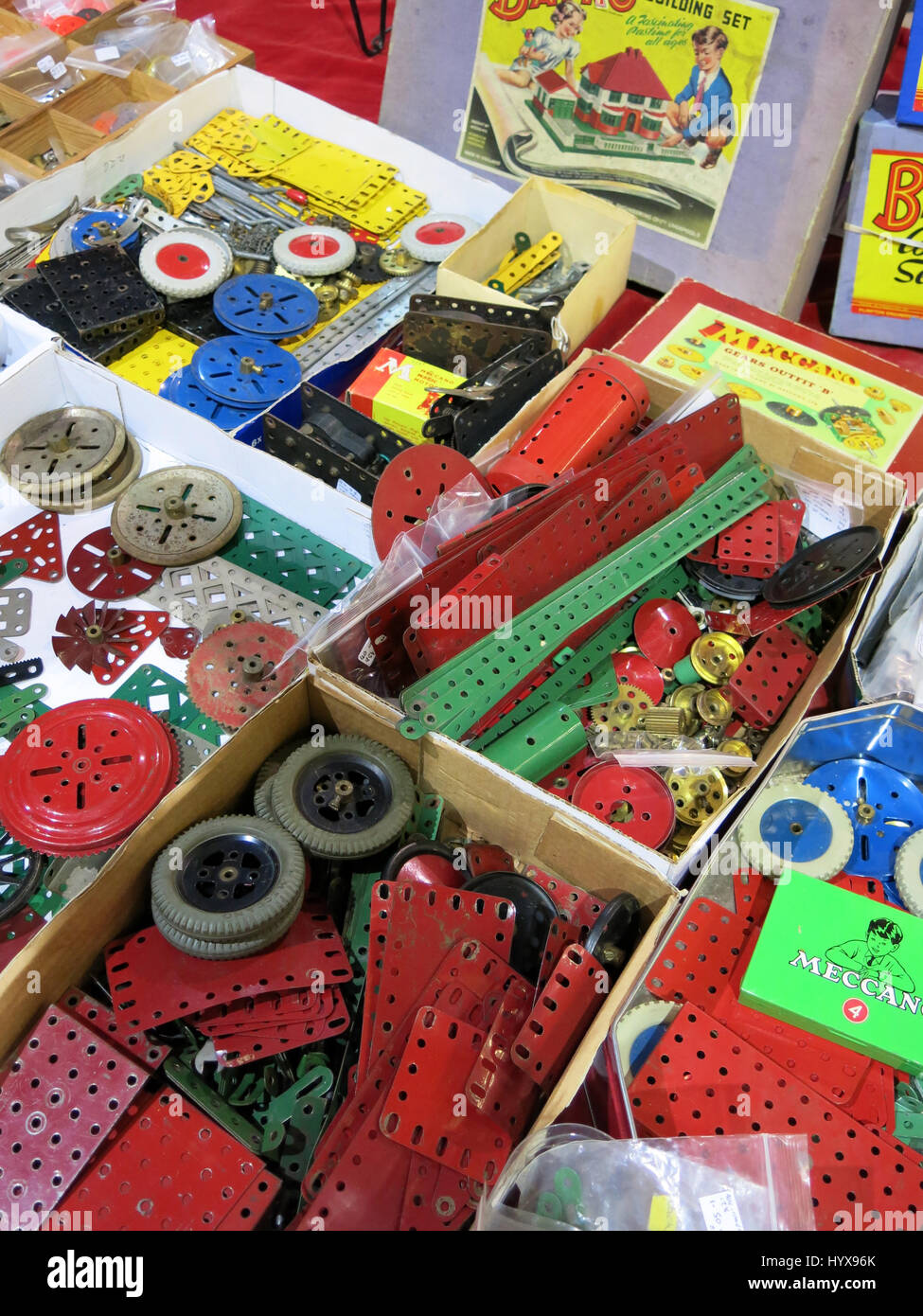 Eine Darstellung der seltenen und sammelbare Meccano-Teile und Sets zum Verkauf an ein Vintage Toy Fair an Bad & West Showground, Somerset, England Stockfoto