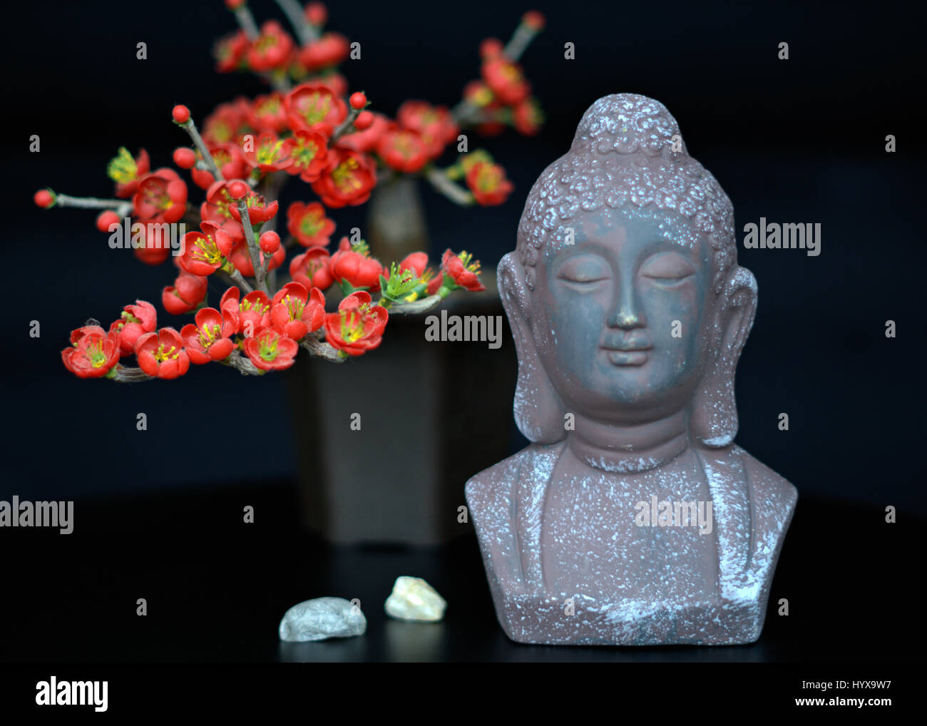 Buddha-Statue mit Bonsai rote Blumen und zwei Steinen einen schwarzen Hintergrund Stockfoto