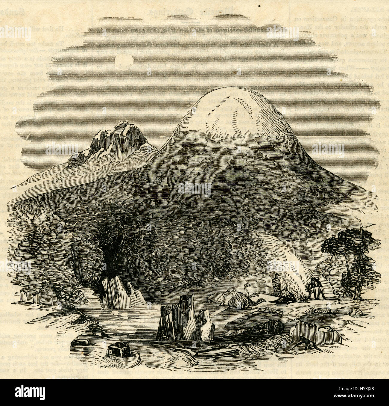 Antiken 1854 Gravur, "The Snowy Mountain des östlichen Afrika." Der deutsche Missionar und Afrikaforscher, Johann Rebmann war der erste europäische Entdecker, Bericht von Schnee und Gletscher auf dem Kilimandscharo in Tansania im Jahr 1848. QUELLE: ORIGINAL GRAVUR. Stockfoto