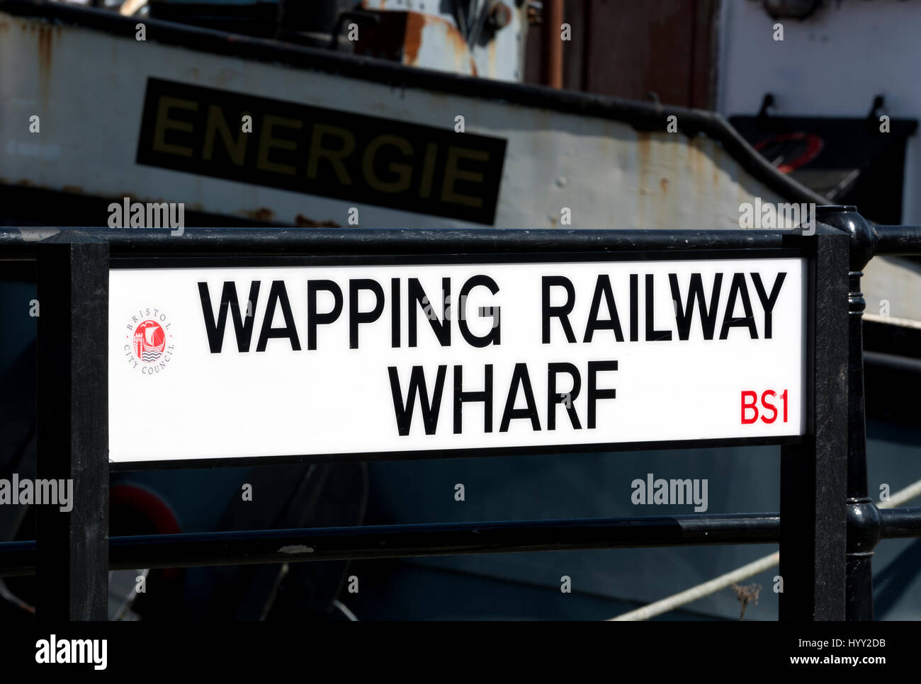 Wapping Bahnhof Wharf Schild, Bristol, UK Stockfoto