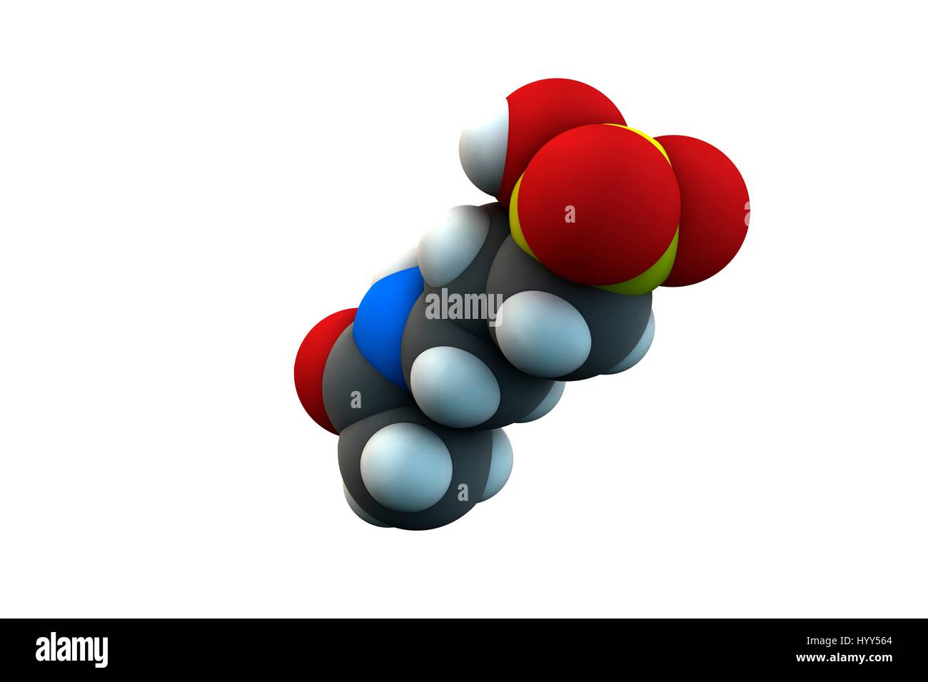 Acamprosate Alkoholismus Behandlung Wirkstoffmolekül. Chemische Formel ist C5H11NO4S. Atome werden als Kugeln dargestellt: Kohlenstoff (grau), Wasserstoff (weiß), Stickstoff (blau), Sauerstoff (rot), Schwefel (gelb). Abbildung. Stockfoto